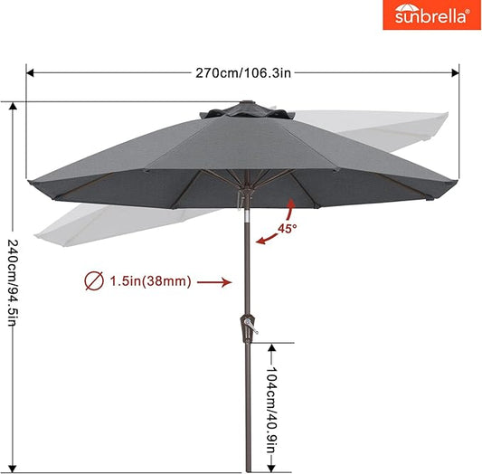 ABCCANOPY 10-Year No Fading 9FT Patio Umbrella, Acrylic Outdoor Table Umbrella with 8 Sturdy Ribs for Deck, Backyard, Garden, Yard (Gray)