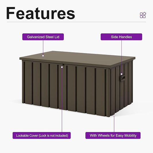 PURPLE LEAF Outdoor Deck Box 150 Gallon Waterproof Lockable Storage Box Container with Lid Deck Organization for Patio Cushions Side Table Pool Accessories Garden Tools, Brown