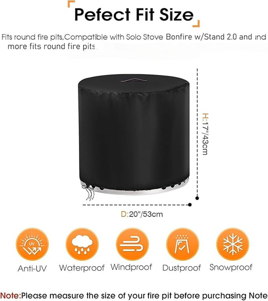 POMER 20 Inch Round Fire Pit Cover for Solo Stove Bonfire w/Stand 2.0,600D Waterproof Outdoor Smokeless Firepit Cover,Small Fire Bowl Outdoor Gas Fire Pit Cover(20" D x 17" H)