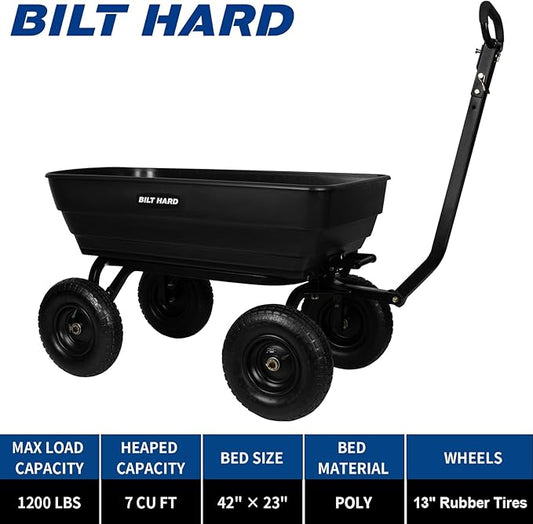 BILT HARD 1200 lbs 7 Cu Ft Poly Garden Dump Cart with 2-in-1 Convertible Handle, Quick Release, Dump Wagon Heavy Duty for Yard, Outdoor