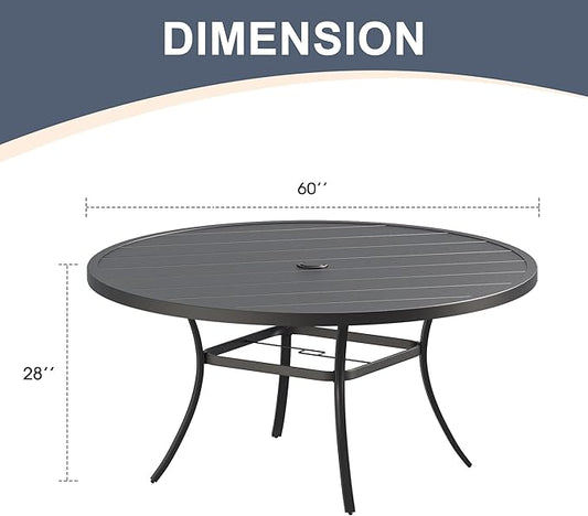 VICLLAX Round Patio Dining Table, Metal Outdoor Dining Table with Umbrella Hole for 8-10 Person, 60" Black