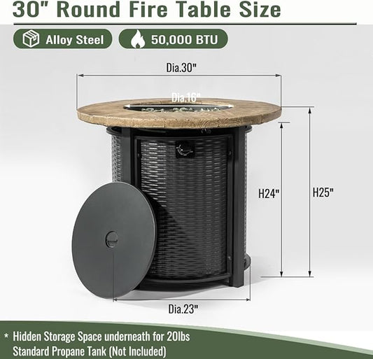 Propane Fire Pit Table, 30 Inch Firepits for Outside, Round Gas Fire Pit for Outside Patio, Propane Fire Table with Rain Cover, Rocks for Patio, Backyard, 50000BTU, Black