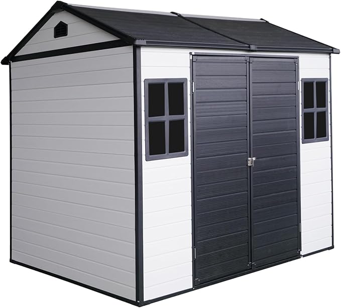 8x6 ft Outdoor Resin Storage Shed with Floor, Waterproof Plastic Garden Shed with Lockable Door and Two Windows, All-Weather Tool Sheds for Backyard, Patio, Lawn (Grey & White)