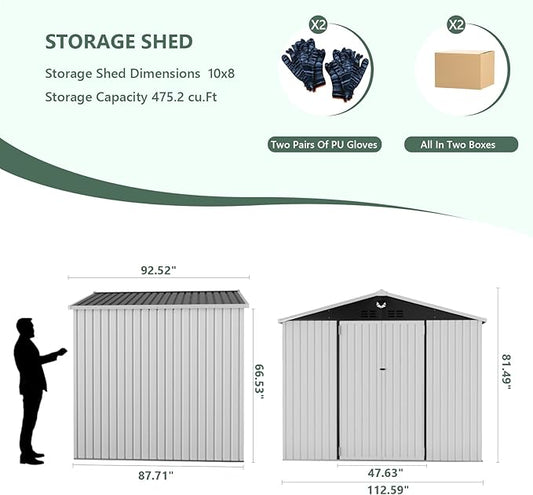 Metal Storage Shed,10x8 Outdoor Storage Building,Large Backyard Sheds with Lockable Doors,Waterproof Outside Storage Sheds,White