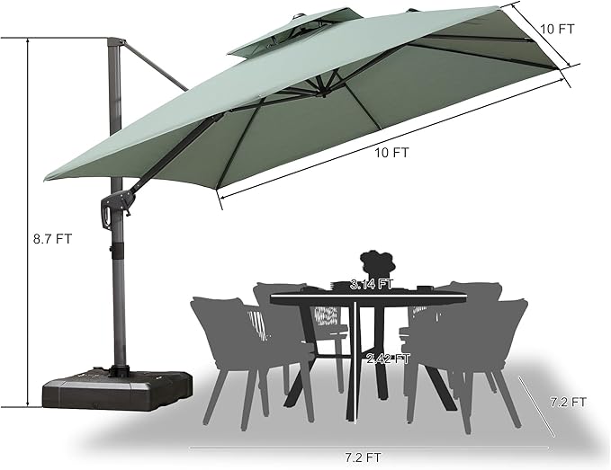 PURPLE LEAF 10 FT Cantilever Umbrella Outdoor Patio Umbrella, Large Offset Square Umbrella, Windproof Heavy Duty Hanging Outside for Patio, Mint Green