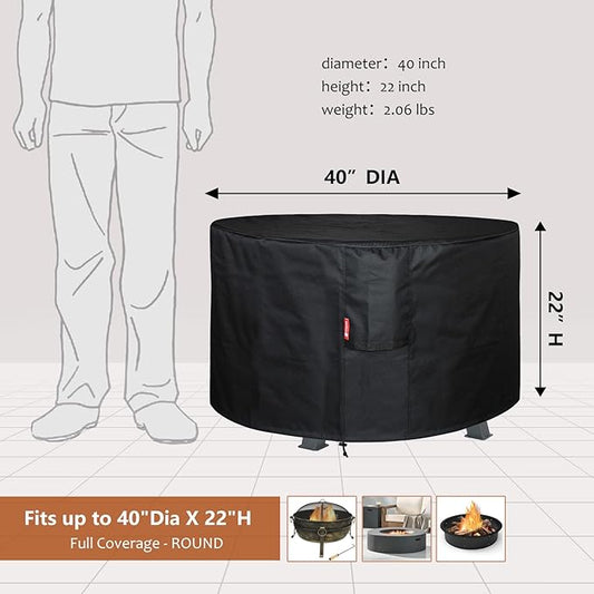 SheeChung Round Gas Fire Pit/Table Cover-Fit 36-40 inch Outdoor Firepit/Bowl,600D Heavy Duty Patio Cover Black,100% Weather Resistant&Waterproof for Backyard,Porch,Deck,Camping,Grill,40”Dia X 22”H