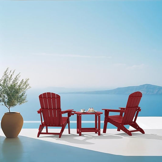 Plawdlik Folding Adirondack Chair Set of 4, SGS Tested, Wooden Textured with Cup Holder, Heavy All-Weather HDPE Comfortable Set Poolside Backyard Lawn,Red