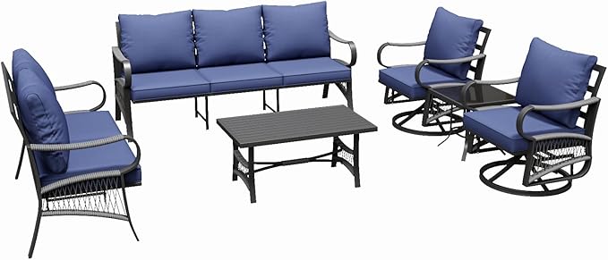 6 Piece Patio Furniture Set, 2 Single Swivel Chairs, Rope Braided Exposed with Thick Cushions, Outdoor All Weather Patio Conversation Sectional Sofa Set for Garden, Porch, Lawn, Blue