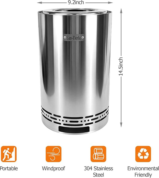 9.2 inch Smokeless Fire Pit, Smokeless Stove for Camping, Outdoor and Patio, Fueled by Wood Pellets or Firewood,Sliver