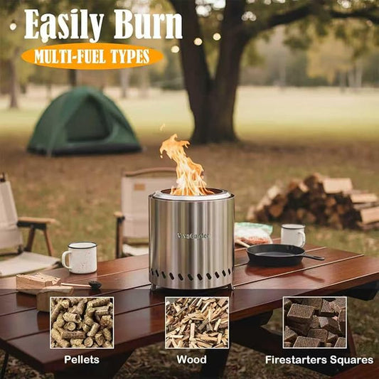9.5 X 8.6 Inch Tabletop Fire Pit, VivaGarden Portable Firepit, Smokeless Table Top Firepit, Safe Burning Camping Stove, Fueled by Pellets or Wood, Forks, Mat & Travel Bag Included, Silver