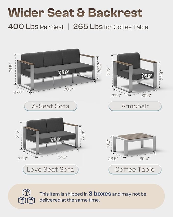 Aluminum Outdoor Patio Furniture, 1 Piece 3-Seat Sofa, All-Weather Metal Modern Outside Sofa for Deck, Porch (LightGray)