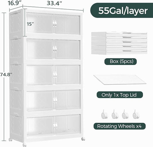 220Gal Stackable Storage Bins with Lid, 880Qt Extra Large Collapsible Storage Box with Doors and Wheels, Plastic Closet Organizer and Storage Cabinet Drawer For Home Kitchen, 4Pack White
