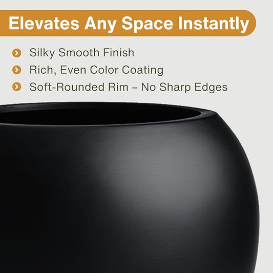 12.8" H x 16" D Globo Fiberstone Round Planter - Christmas Tree Planter, Smooth Finishes, Weather Resistant for Indoor & Outdoor Use, Included 2 Extra Coco Mats (Black, 10.7" Pot Opening)