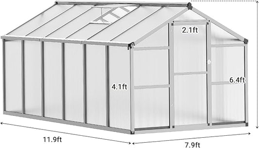 8 X 12 Ft Greenhouse, Greenhouses for Outside, Polycarbonate Greenhouse with Aluminum Frame, Lockable Door and Ajustable Roof Vent for Backyard, Green Houses for Outside Garden Backyard, Patio