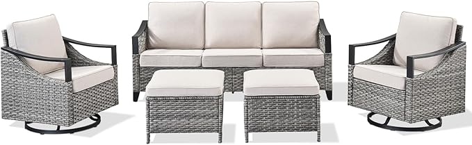 5 Pieces Patio Furniture Sets - All Weather Outdoor Swivel Rocker Patio Chairs with 3-Seat Sofa and Multifunctional Ottomans, Outdoor Conversation Set for Garden Porch Balcony Deck Gray/Beige