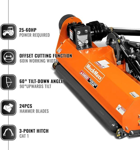60" Inch PTO Drive 3 Point Hitch Offset Flail Ditch Bank Mower for 25-60HP Tractor, 77'' Offset Distance,60°/90° Rotation Angle, 24 Hammers, Model VAM60
