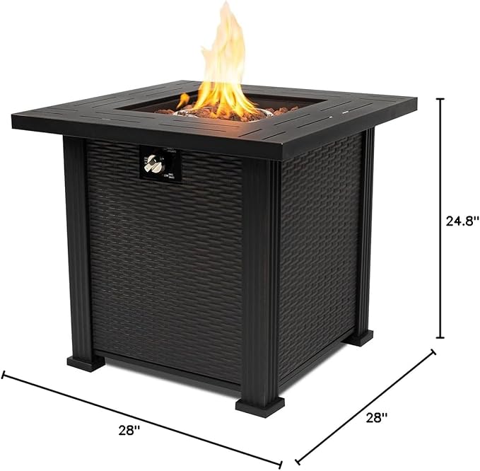 28'' Propane Fire Pit Table, 50,000 BTU Fire Table with Steel Lid, Big Legs, Laval Rocks.