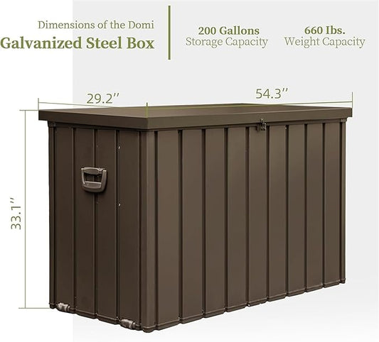 JOSHEN 200 Gallon Outdoor Storage Deck Box with Lockable and Mobile Roller, Large Steel Container Bin with Waterproof and UV Resistant for Garden, Patio, Dark Brown
