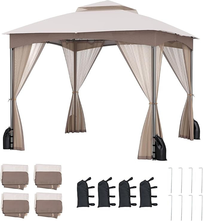 Tangkula 10x10 FT Outdoor Gazebo with Netting, Double Roof Patio Shelter with 4 Sandbags, Zippered Doors, Heavy-Duty Metal Frame, Metal Patio Gazebo for Yard Garden Lawn (Khaki)