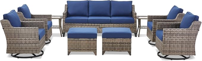 Wicker Patio Furniture Set-9 Pieces All-Weather Wicker Outdoor Furniture with Swivel Patio Chairs Outdoor Patio Conversation Sets for Garden Porch Deck Grey/Blue