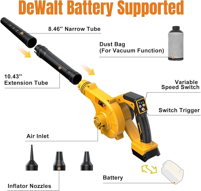 DeForce Electric Leaf Blower Cordless for Dewalt 20V Max Battery, 4 in 1 Blower/Vacuum/Inflator/Deflator(3 Nozzles), 3 Speed Modes, 190 MPH, Extended Tube for Leaves, Lawn Care, Patio(No Battery)