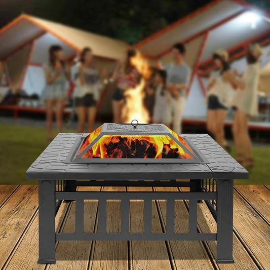 VINGLI 32in Wood Fire Pit with Mesh Lid and Fire Poker, Portable Outdoor Fireplace Burning FirePit for Chrismas Backyard Patio Outside Picnic BBQ Party