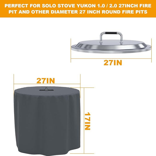 27" Fire Pit Lid with Handle for Solo Stove Yukon 1.0 / 2.0 Fire Pit, Stainless Steel Fire Pit Hard Cover with Fire Pit Cover, Camping Stove Accessories for Other 27" Outdoor Low Smoke Stoves