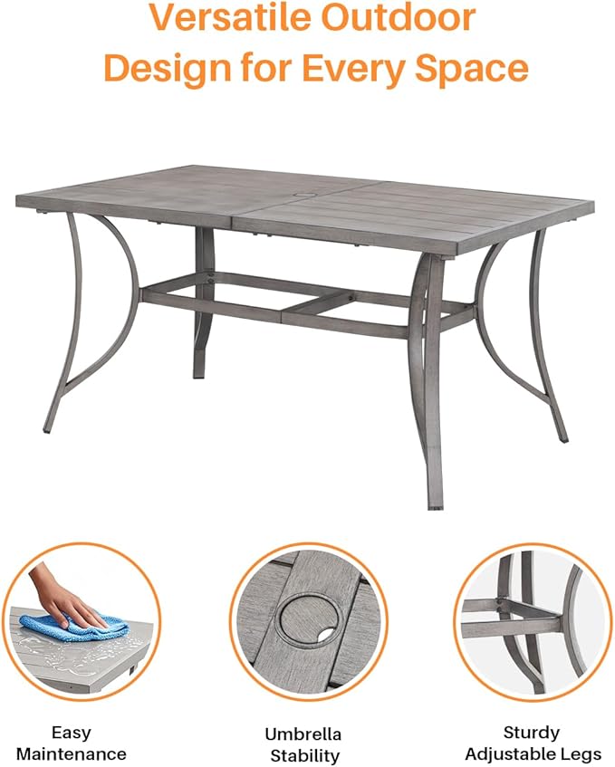 SEEHILL Aluminum Patio Dining Table for 6, Limed Oak Outdoor Rectangle Dining Table with Umbrella Hole, Rustproof 6 Person Outdoor Dining Tables for Backyard, Deck, Garden, Poolside, Porch