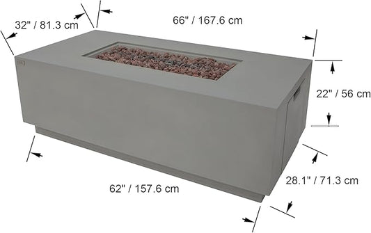 AMS Creations | Sedona Fire Pit Table with Pull-Out Propane Tank Storage Drawer | Concrete Rectangular Propane Fire Pit | Modern Outdoor Furniture | Lava Rock and Fabric Cover Included. (Light Grey)