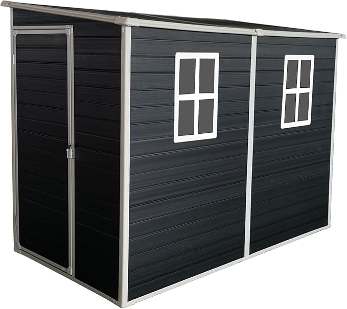 4x8 ft Outdoor Resin Storage Shed with Floor and 2 Windows, Waterproof Plastic Garden Shed with Lockable Door and Air Vents, All-Weather Tool Sheds for Backyard, Patio, Lawn (Black)