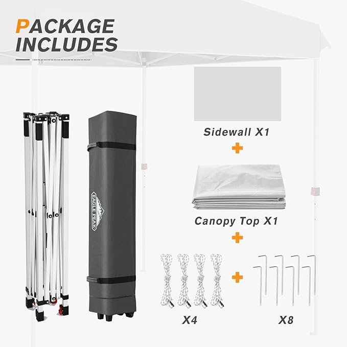 EAGLE PEAK Pop Up Canopy Tent with 1 Sidewall, Easy Setup Event Tent, Outdoor Sun Shade, Wheeled Carry Bag, Stakes and Guy Ropes, Instant Canopy 8x8, White