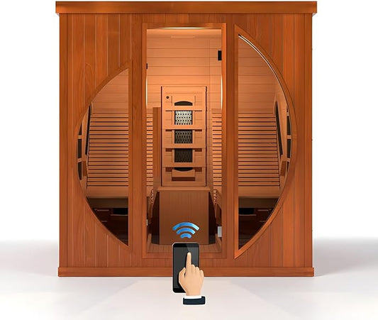 ZONEMEL Infrared Wi-Fi Remote Control Sauna with Recliner, Red Cedar Wooden Luxury Indoor Sauna Room with 9 Heating Panels, Full Spectrum, Oxygen Bar, 3400 Watt, 220V, 7-Color Light