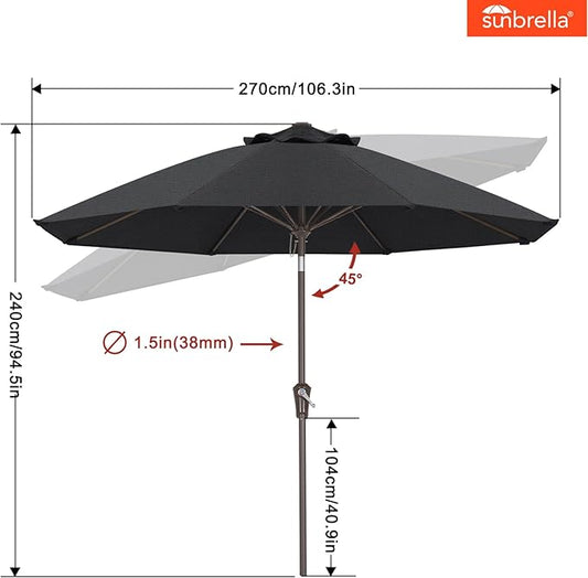 ABCCANOPY 10-Year No Fading 9FT Patio Umbrella, Acrylic Outdoor Table Umbrella with 8 Sturdy Ribs for Deck, Backyard, Garden, Yard (Black)