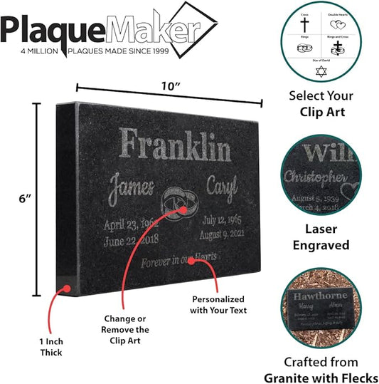PlaqueMaker Black Granite Memorial Headstone for Two Lost Loved - Great for Your Garden, Tree Dedication, or in a Cemetery. Includes Your Text and Select Clipart (10 x 6 x 1)
