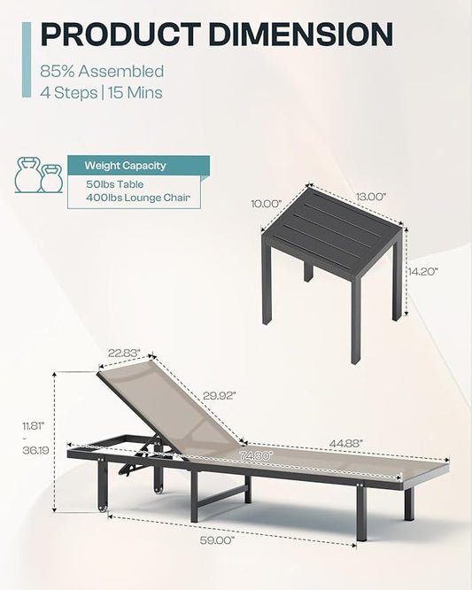 Pool Lounge Chairs Set of 2,Outdoor Lounge Chairs with Wheels and 5-Position Recliner -Easy to Move- Aluminum Patio Lounge Chair for Poolside, Deck (Khaki)