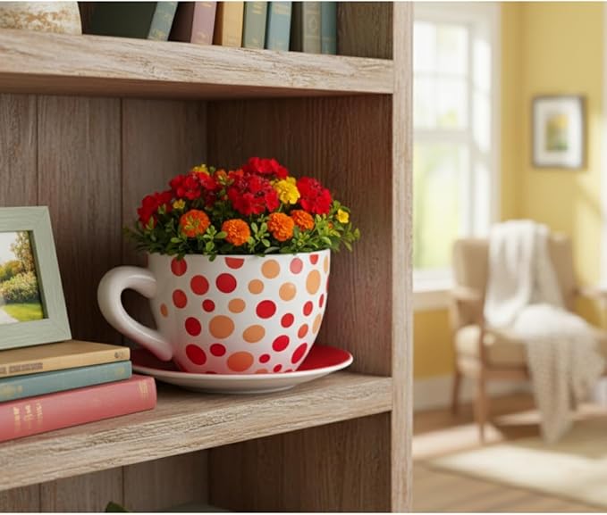 7.5" Round Ceramic Teacup Shape Planter Pot with Saucer for Succulents Orchids Herbs Cactus Indoor Houseplants Flowers for Home Garden and Event Decor – Orange Polka Dot Planter