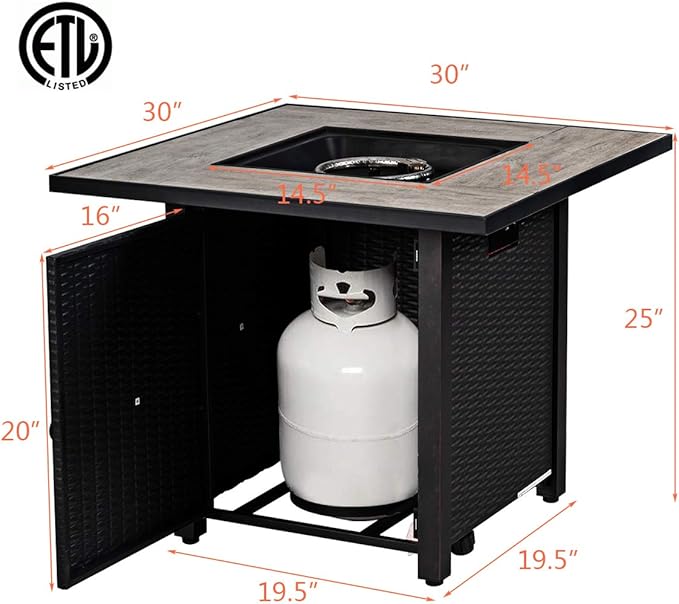 Giantex Propane Fire Pit Table, 30 inch 50,000 BTU Square Gas Firepits w/Ceramic Tabletop, Emboss Gas Heater w/Lava Rock, Waterproof Cover, ETL and CSA Certification for Outside(Black & Gray)