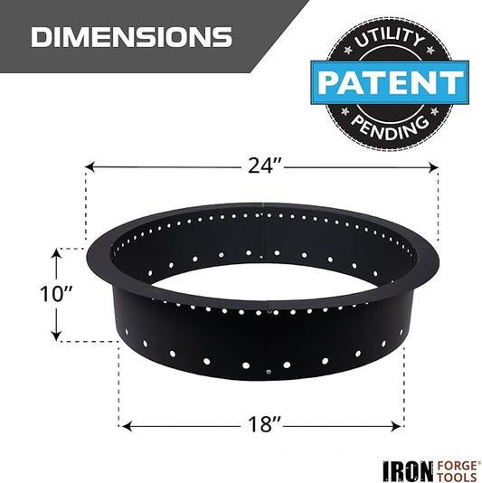Iron Forge Tools Fire Pit Ring 24 inch Outer/18 inch Inner - Heavy Duty Metal Smokeless Round Fire Pit Insert Liner for Outdoor - (24x18x10 Inch) - Utility Patent Pending