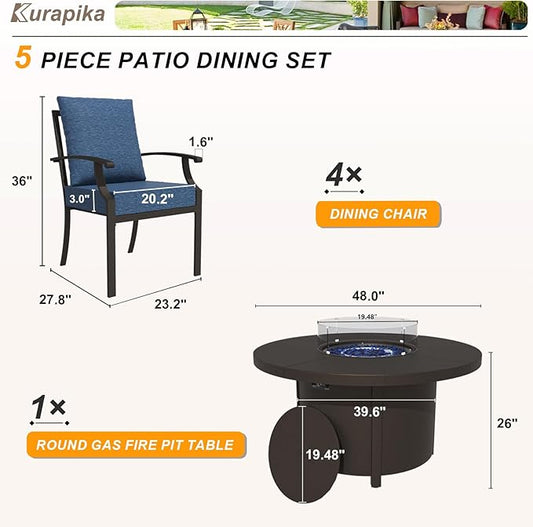 Kurapika 5 Piece Metal Outdoor Patio Furniture Set with Round Fire Pit Table, Patio Conversation Sets 4 Fixed Chairs with Thick Cushion and 40000 BTU Fire Pit Table, Navy Blue