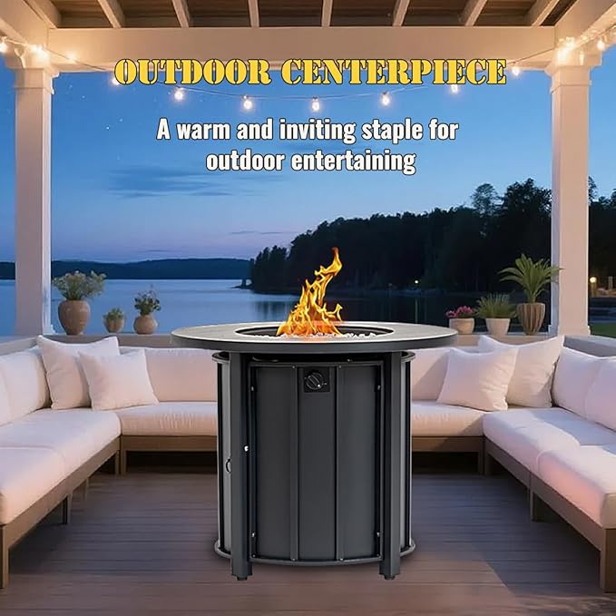 30'' Concrete Round Gas Fire Pit, 50,000 BTU Steel Outdoor Fire Tables, Fire Table with Lid, Add Warmth & Ambience to Gatherings and Parties On Patio Deck Garden Backyard,White Glass Stone.