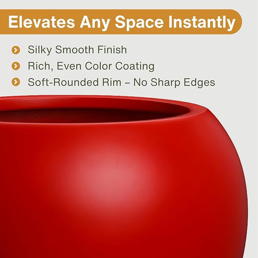 9.7" H x 12" D Globo Fiberstone Round Planter - Christmas Tree Planter, Smooth Finish, Weather Resistant for Indoor & Outdoor Use, Included 2 Extra Coco Mats (Red, 7.8" Pot Opening)