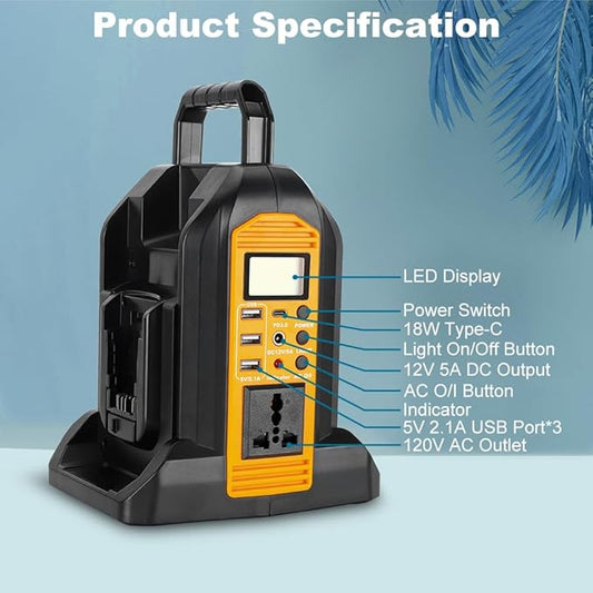 350W Pure Sine Wave Power Inverter for DeWalt 20V & 60V MAX Batteries, Dual-Battery Ports DC 20V/60V to AC 110–120V Inverter with LED Light, AC Outlet, USB-A, Type-C & DC Port (Tool Only)