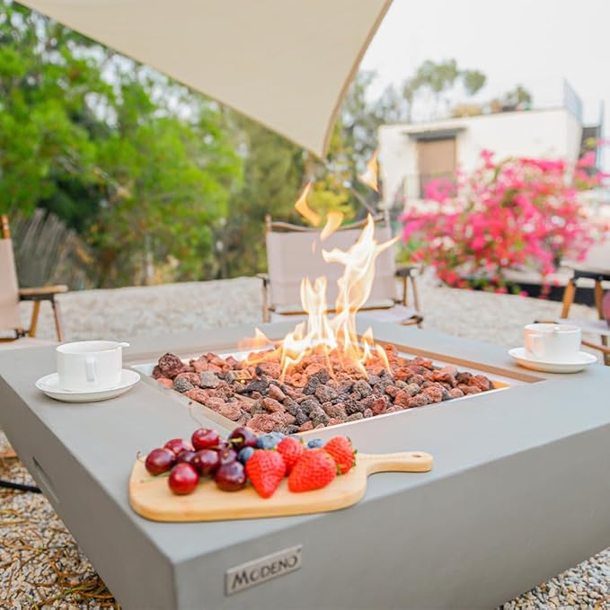 Westport Concrete Fire Pit 34" x 34" Patio Firepit Includes Lava Rocks Modern Fire Pits & Outdoor Fireplaces for Garden, Deck, Indoor & Outdoor Heating
