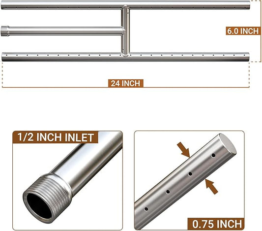 Onlyfire Stainless Steel Fireplace H-Burner for Natural Gas & Propane Fire Pit and Fireplace, 24 x 6 Inch Rectangular DIY Firepit H Burner for Indoor and Outdoor, BTU Max 125,000
