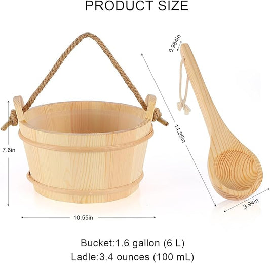 6L Wooden Sauna Bucket and Ladle Set, Handmade Pine Sauna Bucket with Rope Handle,Natural Pine