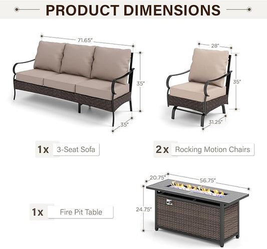 GREEN PARTY Extra Large Outdoor Patio Furniture Set with 56" Fire Pit Table 4 Pieces for 5, Modern Metal Patio Conversation Sets with High Back 3-Seat Sofa, 2 Motion Chairs, 1 Fire Pit Table