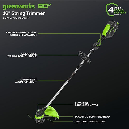 Greenworks 80V 16" Brushless Cordless String Trimmer and 700 CFM Leaf Blower Combo Kit, 2.5Ah Battery and Charger Included