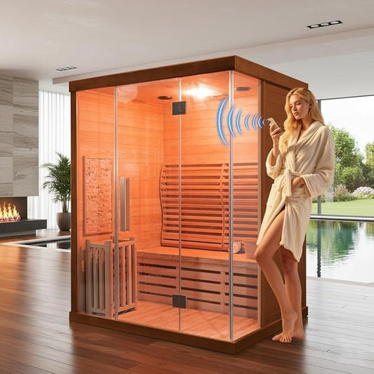 ZONEMEL 3 Person Wooden Steam Sauna Room, Canadian Red Cedar Luxurious Indoor Sona House with 6 KW Heater, WiFi Controller, Bluetooth Speaker, Wooden Bucket, Scoop, Reading Light, 220V