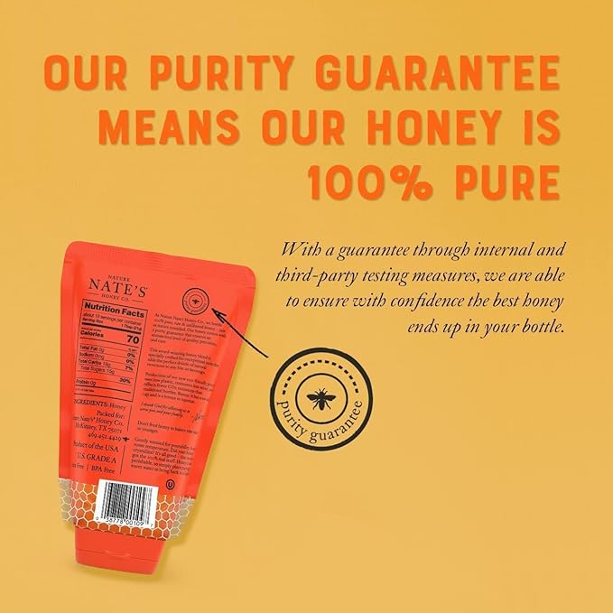 Nate's 100% Pure, Raw & Unfiltered Honey, No-Drip Sustainable Squeeze Pouch; Purity Guarantee, No Additives, 14 Ounce