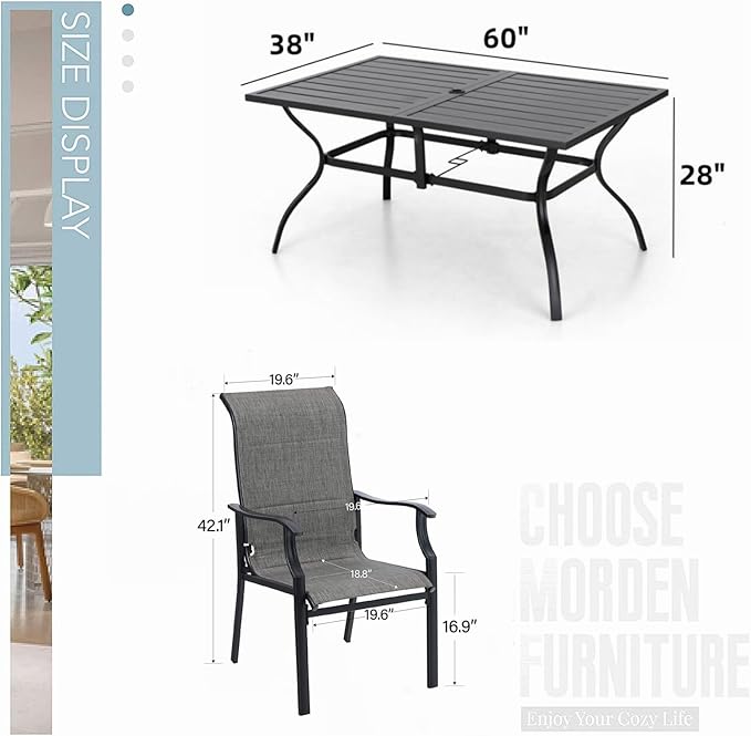 MFSTUDIO 7 PCS Patio Dining Set with Rectangular Metal Table and 6 Pieces Padded Extra Large Sling Chair, Umbrella Hole, Outdoor Table and Chairs,Outdoor Furniture for 6